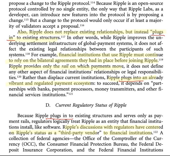 A highlighted text excerpt discussing the Ripple protocol, its function to 'plug in' to existing structures, and its regulatory status as a 'third-party vendor.'