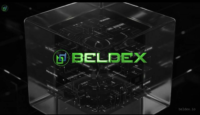 A dark tech-themed graphic featuring a transparent cube revealing circuit board details, with a bright green 'BELDEX' logo in the center and watermark 'beldex.io' in the bottom right.