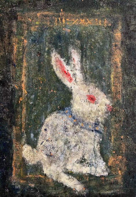 A classical painting of a white rabbit with red eyes and a blue ribbon collar, rendered in a textured, aged style reminiscent of Old Masters.
