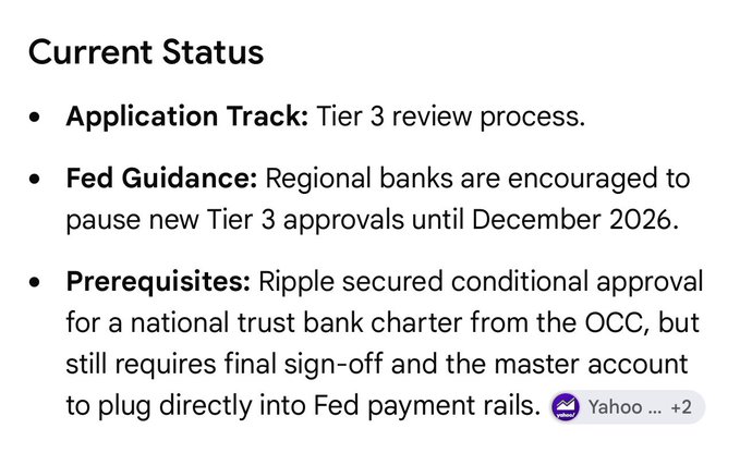 The image displays a "Current Status" update noting that Ripple's application is in the Tier 3 review process, with regional banks advised to pause new Tier 3 approvals until December 2026, and highlighting that while Ripple secured conditional OCC approval for a national trust bank charter, it still needs final sign-off and a Fed master account. This aligns with the post's message that Ripple's Fed Master Account application is stalled in Tier 3, with approvals frozen until December 2026.