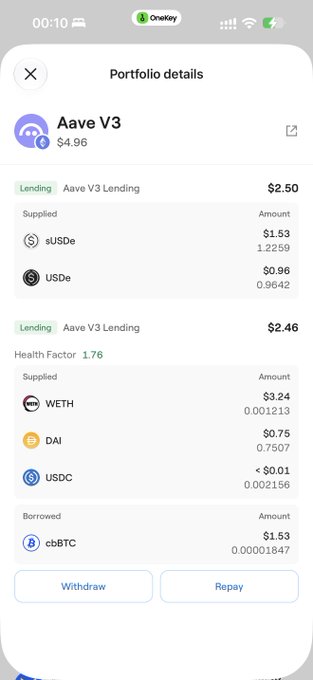 A mobile app screen showing 'Portfolio details' for 'Aave V3' at $4.96, displaying supplied assets including sUSDe, USDe, WETH, DAI, USDC, and borrowed cbBTC.
