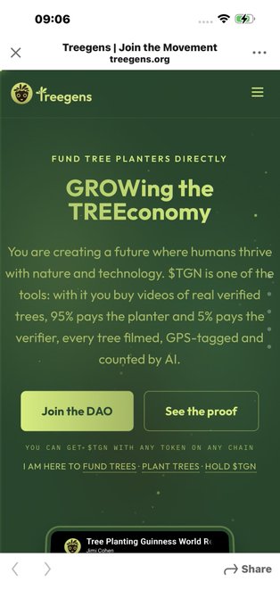A mobile website screenshot from treegens.org titled 'Treegens | Join the Movement' with text 'FUND TREE PLANTERS DIRECTLY' and 'GROWing the TREEconomy', along with buttons to 'Join the DAO' and 'See the proof'.