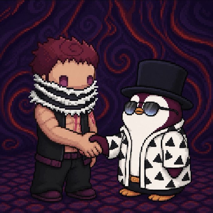 A pixel art scene featuring a character with red spiky hair and a striped scarf shaking hands with a penguin wearing a top hat, sunglasses, and a white jacket with black triangle patterns against a purple swirled background.
