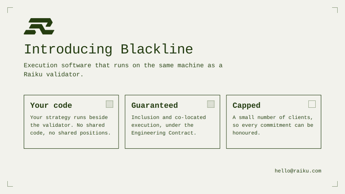 A slide introducing 'Blackline' by Raiku, described as execution software that runs on the same machine as a Raiku validator, highlighting features like 'Your code', 'Guaranteed', and 'Capped'.
