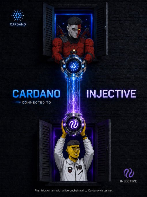 A promotional graphic showing Cardano connected to Injective, featuring an illustration of a figure passing a glowing orb through a window to another figure, with text 'CARDANO CONNECTED TO INJECTIVE' and 'First blockchain with a live onchain rail to Cardano via testnet.'