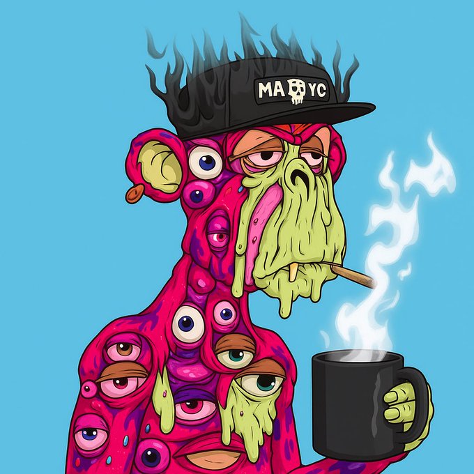 A melting, multi-eyed pink slime creature wears a black cap reading "MA[skull]YC," drippings oozing from its face as it smokes a joint and steam rises from a black mug. The surreal, trippy artwork pairs with the "Good morning" greeting to deliver a hazy, cannabis-fueled wake-up vibe.