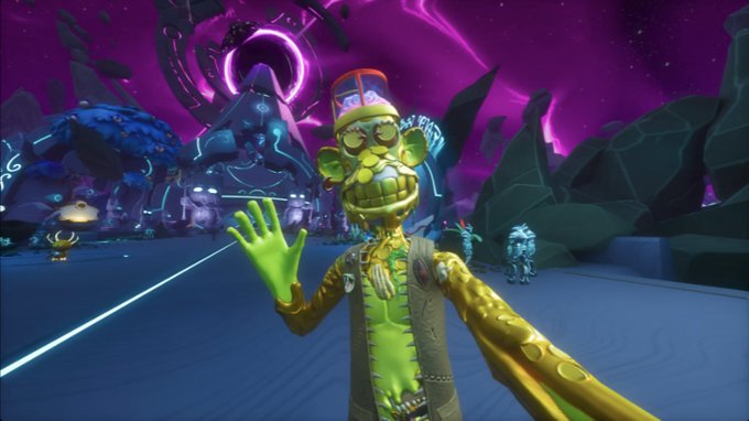 A video game screenshot featuring a yellow, zombie-like character with wild green hair and glasses waving, set against a purple alien landscape.