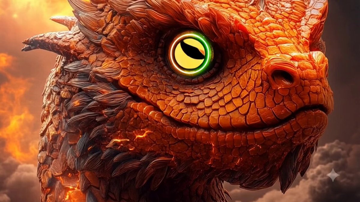 The image features a close-up view of an orange dragon's face, with its eyes open as if looking at something or someone. The dragon has a green eye and a yellow nose, giving it a unique appearance. The background appears to be a dark sky filled with clouds, which contrasts with the vibrant colors of the dragon's face. The image also includes text that reads "Storm of the Dragon $LUNC".
