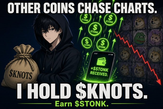 Crypto meme featuring an anime character in a hoodie holding a bag labeled '$KNOTS', with text 'OTHER COINS CHASE CHARTS. I HOLD $KNOTS. Earn $STONK.' and Dogecoin-style images in the background.