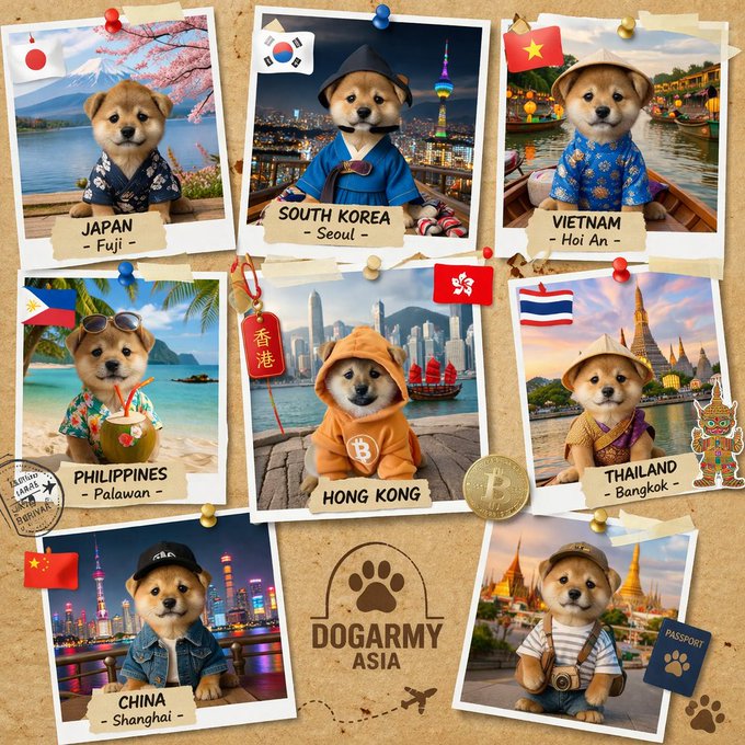 A travel-themed collage titled "DOGARMY ASIA" features eight photos of a Shiba Inu dressed in various outfits posed against backdrops from Japan, South Korea, Vietnam, Philippines, Hong Kong, Thailand, and China, with country labels and flags visible on each pinned polaroid. The image ties into the $DOG cryptocurrency by portraying the dog mascot on a global "tour," symbolizing patient accumulation and worldwide appeal of the token.