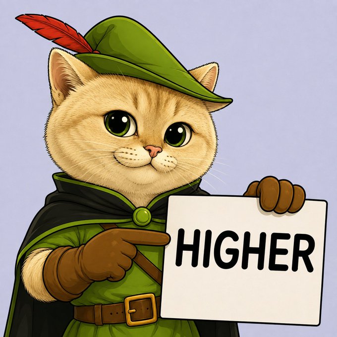 An illustrated orange tabby cat dressed in a green Robin Hood-style outfit with a red-feathered hat points to a sign reading 'HIGHER'.