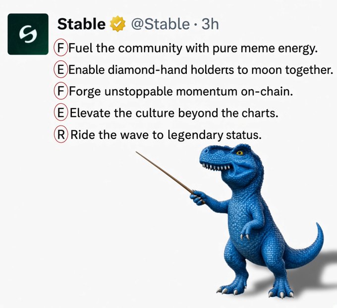 The image shows a tweet from "Stable @Stable" featuring a blue T-Rex dinosaur pointing with a stick, alongside an acronym list spelling "FEFER" with phrases like "Fuel the community with pure meme energy" and "Ride the wave to legendary status." The acronym FEFER cleverly ties into the accompanying "$FEFER time!!" post, presenting a playful meme framework that announces the launch or celebration of the $FEFER token.