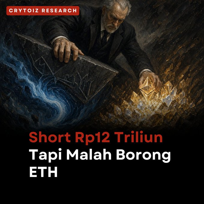 A dramatic AI-generated illustration of a man handling dark and golden crystals, with text reading 'CRYTOIZ RESEARCH' and 'Short Rp12 Triliun Tapi Malah Borong ETH'.