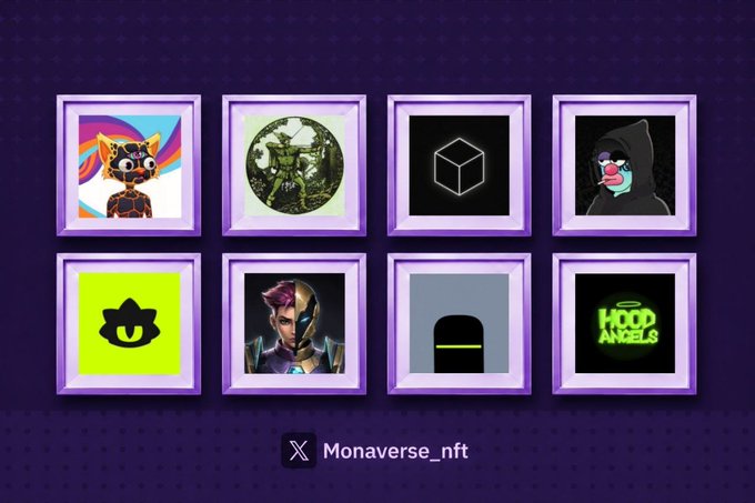 A grid displays eight NFT artwork tiles from 'Monaverse_nft' featuring various digital characters and logos on a purple background.