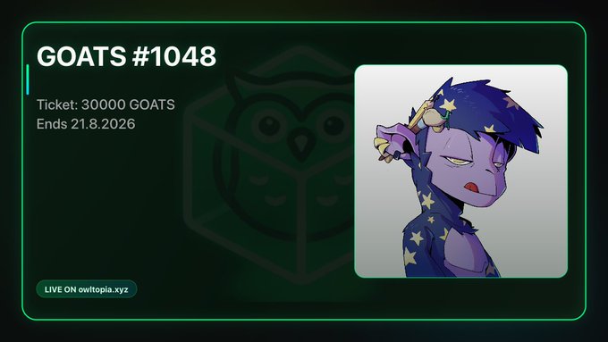 A digital raffle ticket display for 'GOATS #1048' with a Ticket cost of 30000 GOATS ending 21.8.2026, featuring an anime-style purple character on the right.