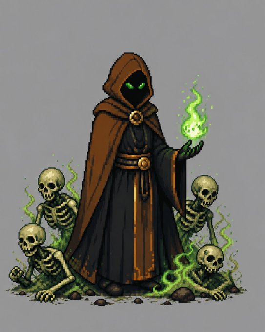 A hooded necromancer in brown robes conjures glowing green magic in their outstretched hand, summoning skeletal minions from the ground. The image serves as a visual metaphor for the poster's message, casting critics of the SB ecosystem as the helpless skulls being raised by powerful contributors like @OxSimpleFarmer and @MichaelHirsch, who are framed as the masterful necromancers driving real progress in the space.