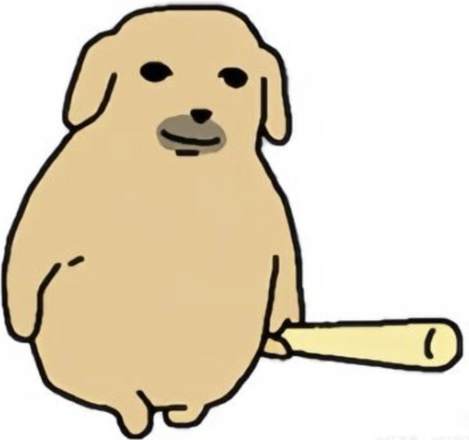 A cartoon illustration of a beige puppy holding a baseball bat, drawn in a simple, cute style.