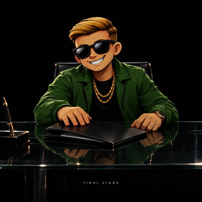 A 3D-rendered cartoon-style character in sunglasses and a green jacket sits at a glass desk with a folder, labeled "FINAL STAGE" at the bottom.