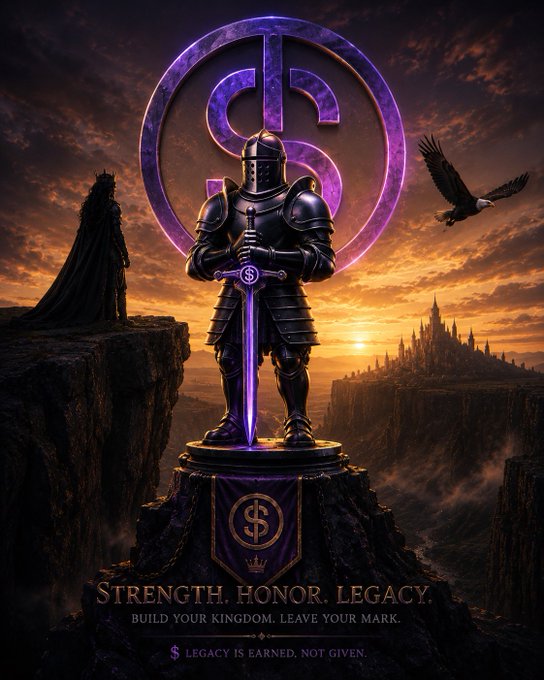 A fantasy-style promotional image featuring a knight in dark armor holding a sword, standing on a pedestal with a purple circular emblem behind him and the text 'STRENGTH. HONOR. LEGACY. BUILD YOUR KINGDOM. LEAVE YOUR MARK. LEGACY IS EARNED, NOT GIVEN.'