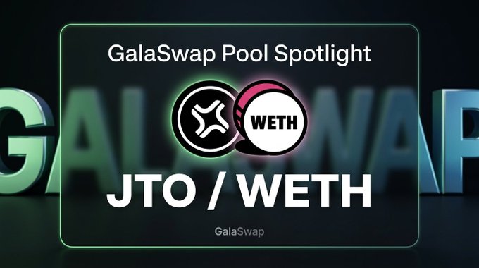 A promotional graphic for GalaSwap's Pool Spotlight featuring the JTO/WETH liquidity pool, displaying the tokens' logos with the headline "GalaSwap Pool Spotlight" and pair name "JTO / WETH" set against a stylized "GALASWAP" background, which corresponds to the post highlighting the pool's $84.8K TVL, 214.7% APR, and $166.3K 24-hour volume.