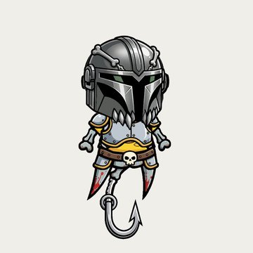 A digital illustration of a stylized, chibi-style character wearing a dark, ornate helmet with green eyes, silver armor, and a skull emblem, attached to a fishing hook instead of legs.