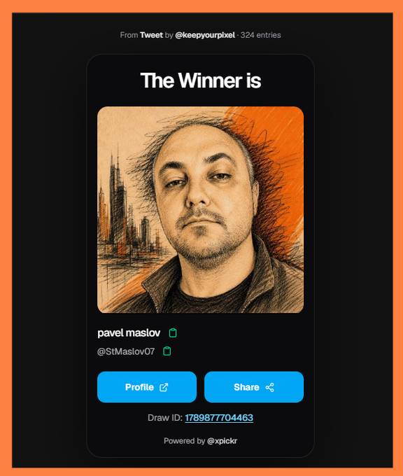 A mobile app screen from Xpckr announcing 'The Winner is pavel maslov (@StMaslov07)' of a tweet contest by @keepyourpixel with 324 entries, displaying an illustrated portrait with an orange background.