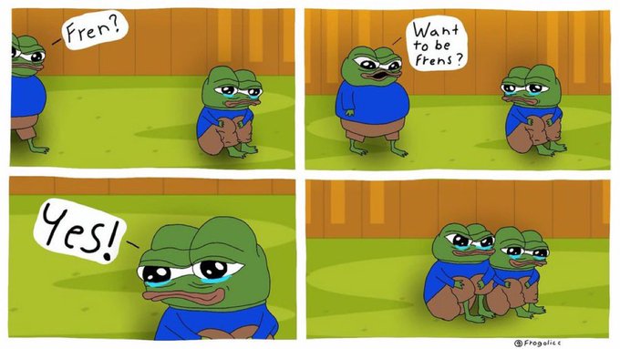 This four-panel comic shows a sad Pepe the Frog being asked by another Pepe if he wants to be friends; he tearfully responds "Yes!" and they sit together happily, with the artist's handle "@Frogoloo" visible in the corner. The wholesome friendship moment reinforces the post's call for community engagement, framing "dropping your wallet" and saying "gm" as a friendly, welcoming gesture among crypto users.