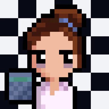 A pixel art portrait of a woman with brown hair and glasses holding a mug, set against a black-and-white checkered background, humorously representing an "office NFT" whose absurdly inflated resale value jokes about the volatile, often irrational NFT market.