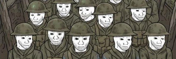 A comic-style illustration depicting rows of soldiers wearing helmets and blank, expressionless masks, resembling the 'NPC Wojak' meme.