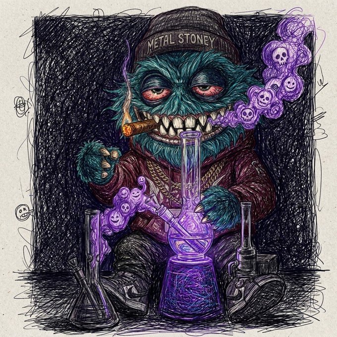 A hand-drawn illustration of a blue, furry creature wearing a 'METAL STONEY' cap, smoking a cigar and holding a glowing purple bong, with skull-shaped smoke clouds rising around it.