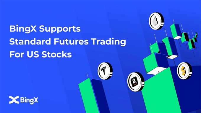 A promotional graphic from BingX announces their support for Standard Futures Trading of US Stocks, featuring the BingX logo and stylized candlestick charts adorned with circular tokens bearing logos of major companies including NVIDIA (T), Amazon (a), and Tesla. The image visually reinforces the accompanying post's message about tokenized xStocks bringing traditional stocks like Tesla, Amazon, and NVIDIA onto the blockchain for easier trading access.