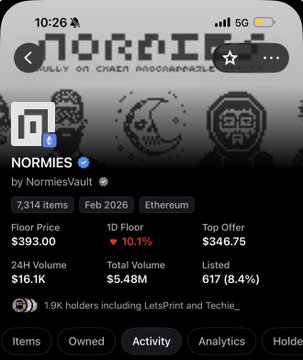 A mobile screenshot of the OpenSea NFT marketplace showing the "NORMIES" collection by NormiesVault on Ethereum, featuring a floor price of $393.00 and 1.9K holders.