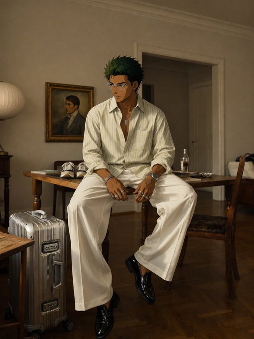 Anime-style illustration of a green-haired man in a white striped shirt and white pants sitting on a table in an elegant room with a silver suitcase beside him.