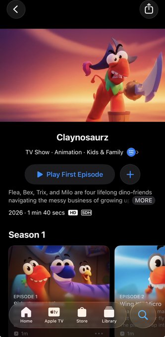 Screenshot of the Apple TV app showing the show "Claynosaurz" with a "Play First Episode" button, listed as a 2026 Animation TV show for Kids & Family.