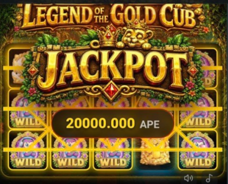 A "Legend of the Gold Cub Jackpot" slot machine screen displays a major win of 20,000.000 APE, with the grid showing multiple "WILD" symbols highlighting the jackpot achievement. The image illustrates the user's claim of their biggest win on Ape Church, showcasing the substantial APE cryptocurrency earnings from the platform.