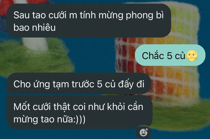 A screenshot of a Vietnamese-language chat conversation where one user claims to have made profit after Tết, estimating around 5 billion VND, and generously offered 5 billion VND upfront before joking that just one proper Tet is enough to solve half of their wedding preparation costs.