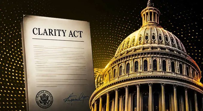 An official-looking graphic featuring the U.S. Capitol dome alongside a document labeled "CLARITY Act" bears the Presidential Seal and a signature, visually illustrating the post's claim that President Trump may soon sign the legislation into law—a move that would represent a major regulatory milestone for XRP and the broader crypto industry.