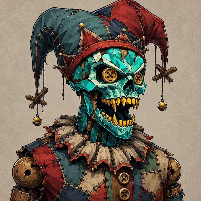 An illustrated character resembling a menacing jester with a teal skull face, glowing yellow button eyes, sharp teeth, and a colorful red and blue patched hat with bells.