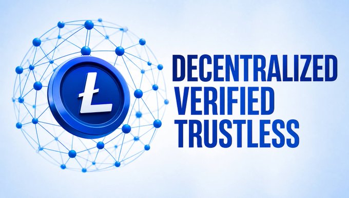 A promotional graphic for Litecoin featuring the blue Ł logo surrounded by a network of connected nodes, alongside the text 'DECENTRALIZED VERIFIED TRUSTLESS'.