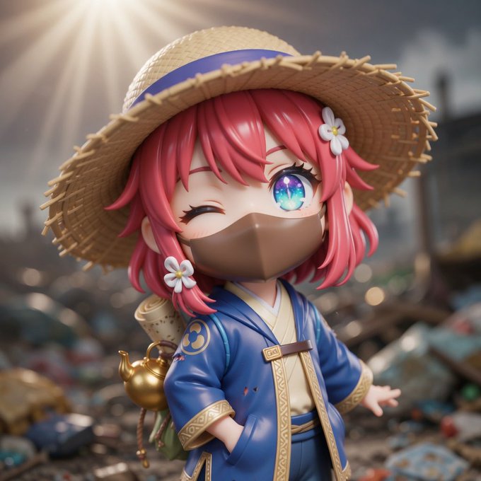 The image features a small figurine of a girl wearing a straw hat with flowers, dressed in traditional Japanese clothing. The girl appears to be posing for the camera while holding a gold object. The background consists of rubble and debris, suggesting an urban or industrial setting. The caption provided seems unrelated to the main subject matter but includes some words that are not directly related to the figurine or its context.