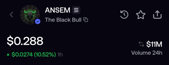 The image shows a cryptocurrency tracker display for "ANSEM - The Black Bull" priced at $0.288, up 10.52% ($0.0274) in the last hour with $11M in 24-hour volume, highlighting the token's low price point referenced in the post about buying a "$10 asset for $0.20."