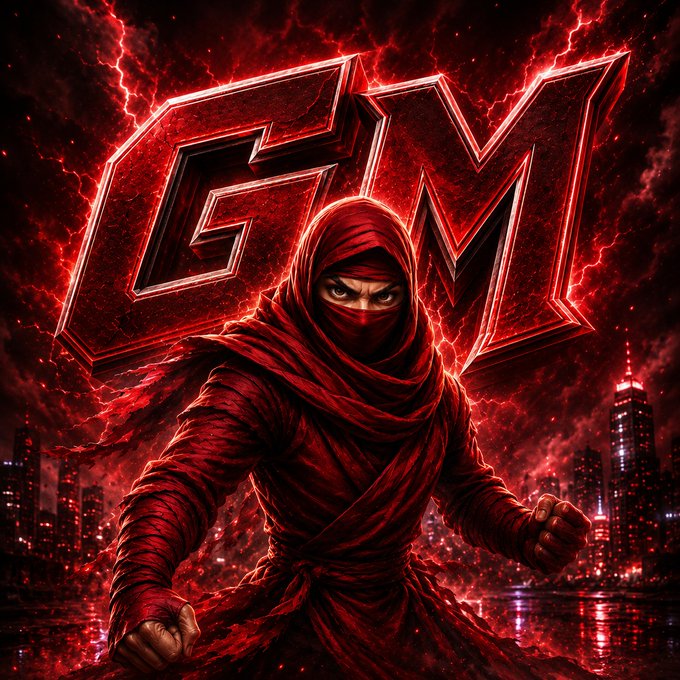 A dramatic illustration features a red-clad ninja figure with glowing eyes standing in a fighting stance beneath a large stylized "GM" logo, set against a stormy red sky with lightning and a city skyline.