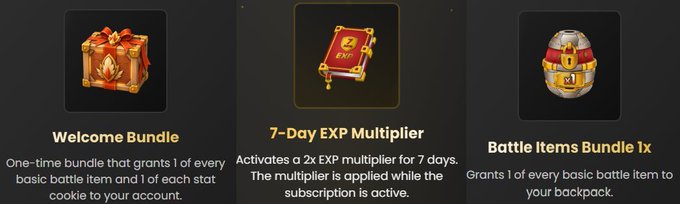 The image displays three in-game promotional bundles from Chicken Saga: a "Welcome Bundle" offering 1 of every basic battle item and stat cookie, a "7-Day EXP Multiplier" granting a 2x EXP boost while subscribed, and a "Battle Items Bundle 1x" providing a starter pack of battle items — all designed to ease new players into the game quickly as part of the optimized FTUE.