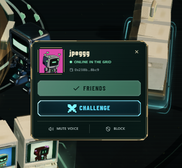 A video game UI overlay showing a player profile 'jpeggg' who is 'ONLINE IN THE GRID' with options to 'FRIENDS' or 'CHALLENGE'.
