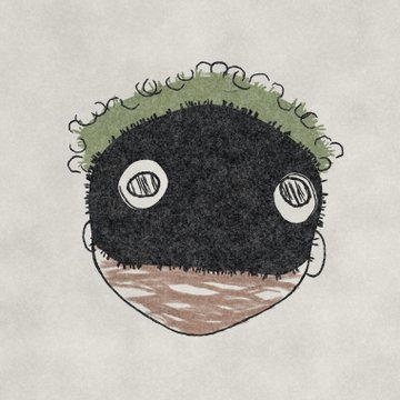 A hand-drawn illustration of a round, fuzzy black character with a green curly outline, two simple eyes, and a brown beard-like shape at the bottom, set against a textured gray background.