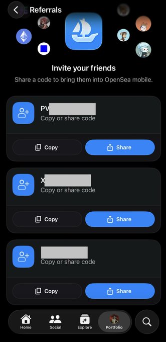 A mobile app screen titled 'Referrals' from OpenSea, showing options to 'Invite your friends' and share codes, with three referral entries featuring 'Copy' and 'Share' buttons.