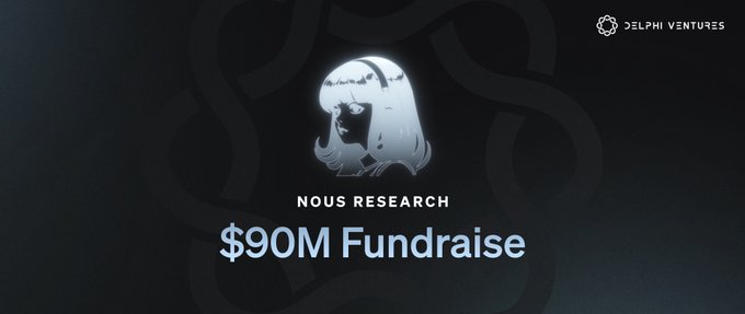 The image displays a dark promotional graphic from Delphi Ventures announcing "NOUS RESEARCH" with a stylized logo and "$90M Fundraise" headline, showcasing the firm's recent investment activity in alignment with their outreach to founders and potential collaborators.