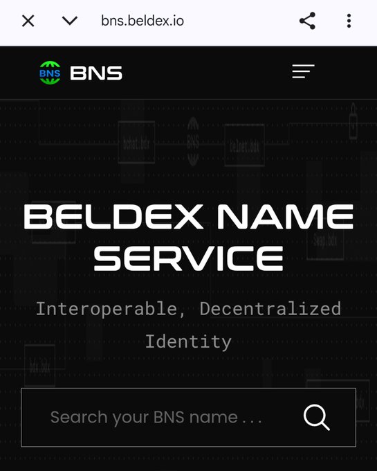 The image shows the BNS (Beldex Name Service) homepage at bns.beldex.io, featuring a search bar with "Search your BNS name..." and the tagline "Interoperable, Decentralized Identity." It visually introduces the BNS service mentioned in the post, which simplifies Web3 identity by converting complex wallet addresses, BChat IDs, and BelNet addresses into human-readable .bdx names on the Beldex blockchain.
