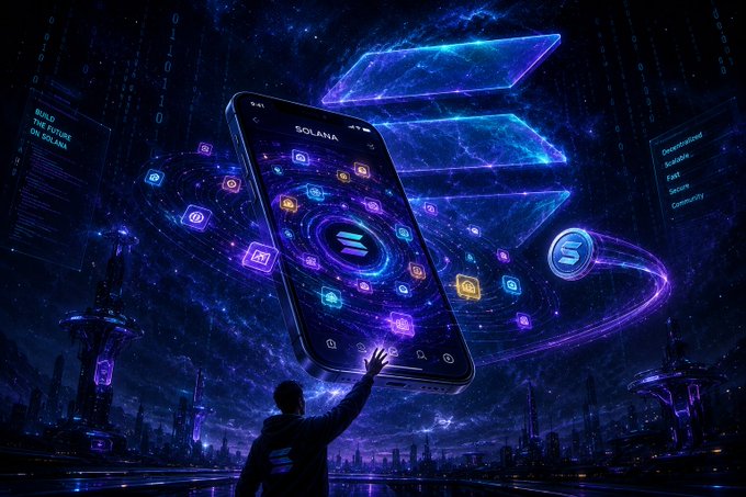 The image features a man standing next to a cell phone, which has an app icon of a person holding a smartphone. The man appears to be interacting with the phone or pointing at its screen. The background of the image shows a cityscape filled with buildings and neon lights, creating a futuristic atmosphere. The post also mentions that there is a "@solanamobile" on social media, which could potentially be related to the cell phone in the image.