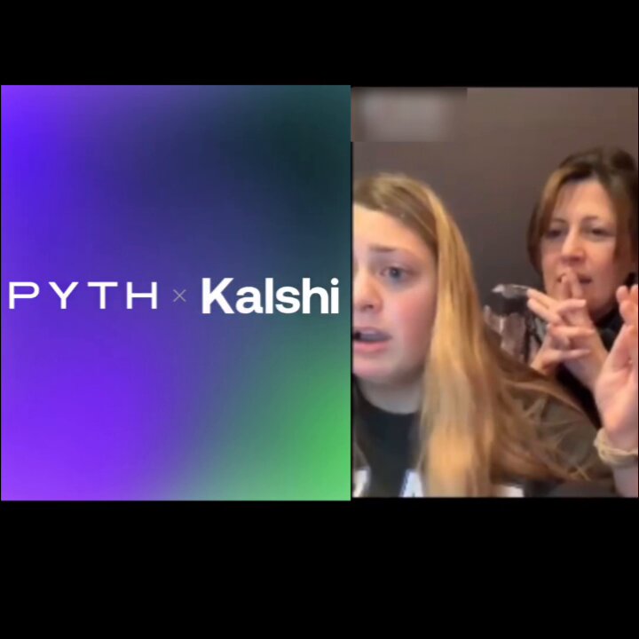 The image features a woman with blonde hair wearing a black shirt, holding her hands together as she looks at a computer screen displaying a video or photo. The background behind her has a purple hue, which complements the white text that reads "Pyth x Kalshi". This suggests that the image is related to a social media post or a promotional campaign for a company named 'Pyth Network'.